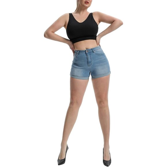 Watermark Lightblue High Waisted Summer Elastic Folded Denim Shorts for Women - Picture 3 of 5